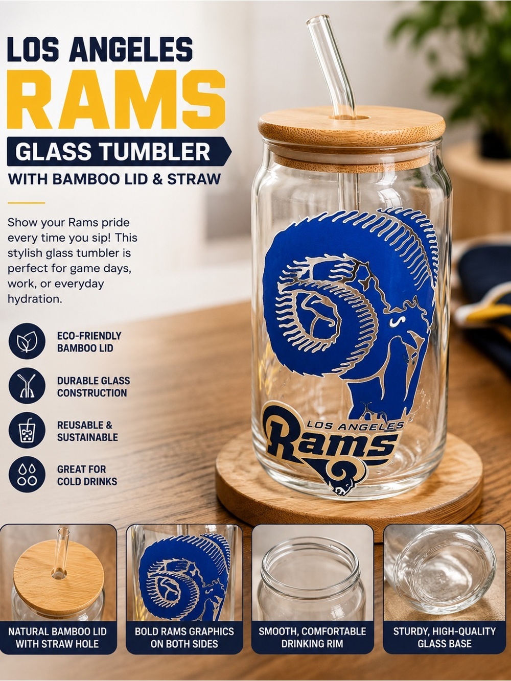 St. Louis Rams Glass Jar with Bamboo Lid - Clear with Yellow & Blue Logos
